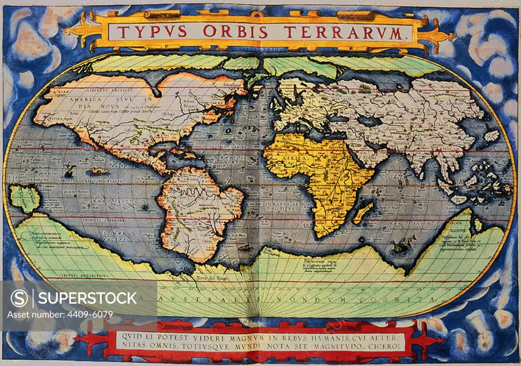 World map. 1579. Madrid, Geographic department of the Army. Author: ABRAHAM ORTELIUS. Location: SERVICIO GEOGRAFICO DEL EJERCITO. MADRID. SPAIN.