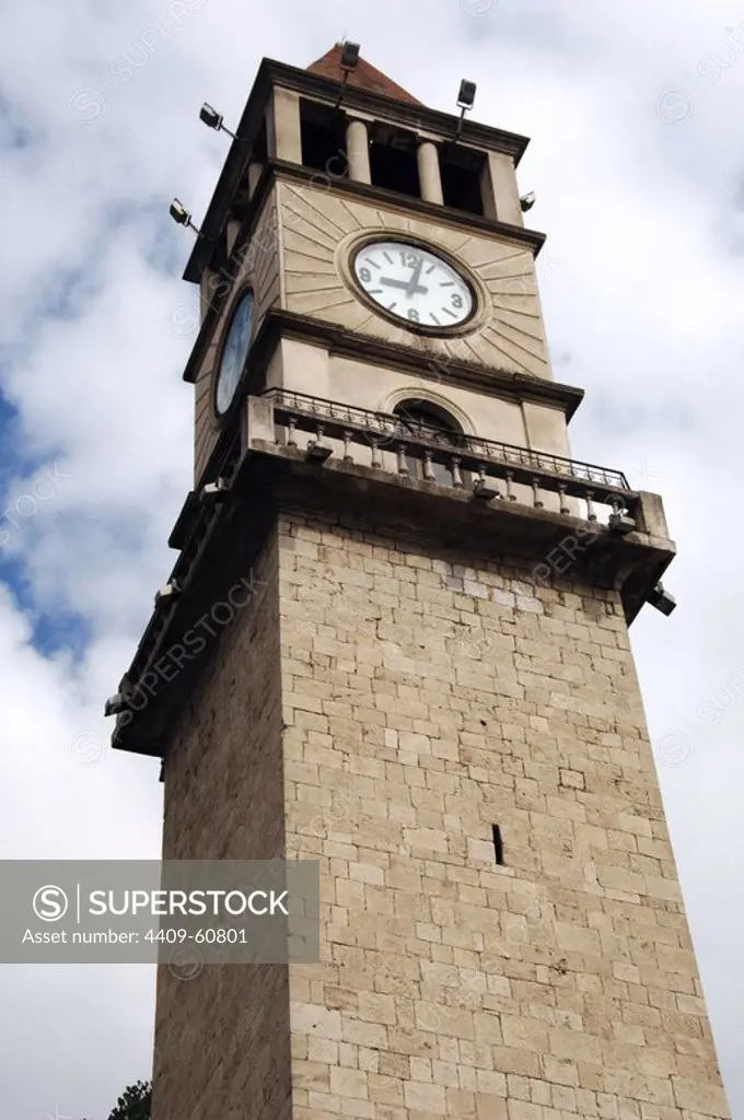 Albania. Tirana. The Clock Tower of Tirana " Kulla e Sahatit". Built in 1822 by Haxhi Et'hem Bey.