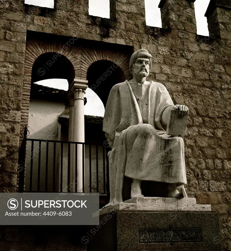 Monument representing Averroes (c.1126-1198), Andalusian-Arab philosopher and physician from the 12th century.. Cordoba, Spain. Author: YUSTI PABLO. Location: EXTERIOR. CORDOBA. SPAIN. AVERROES. ABUL WALID MUHAMMAD INB RUSD. ABU WALID IBN RUSD.