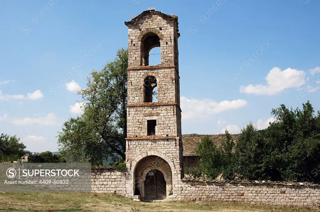 Republic of Albania. Moscopole. Church of the Dormition of the Holy Virgin (Kisha e Shen Marise). 17th-18th centuries. Bell tower.