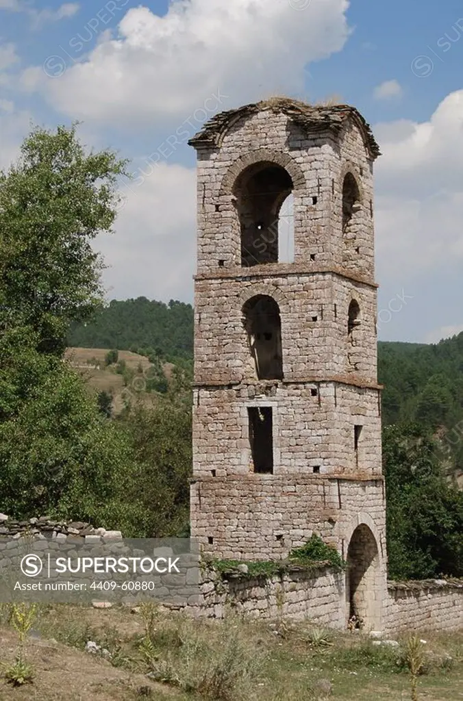 Republic of Albania. Voskopoja. Church of the Dormition of the Virgin (Shen Marise). 18th century. Bell tower.