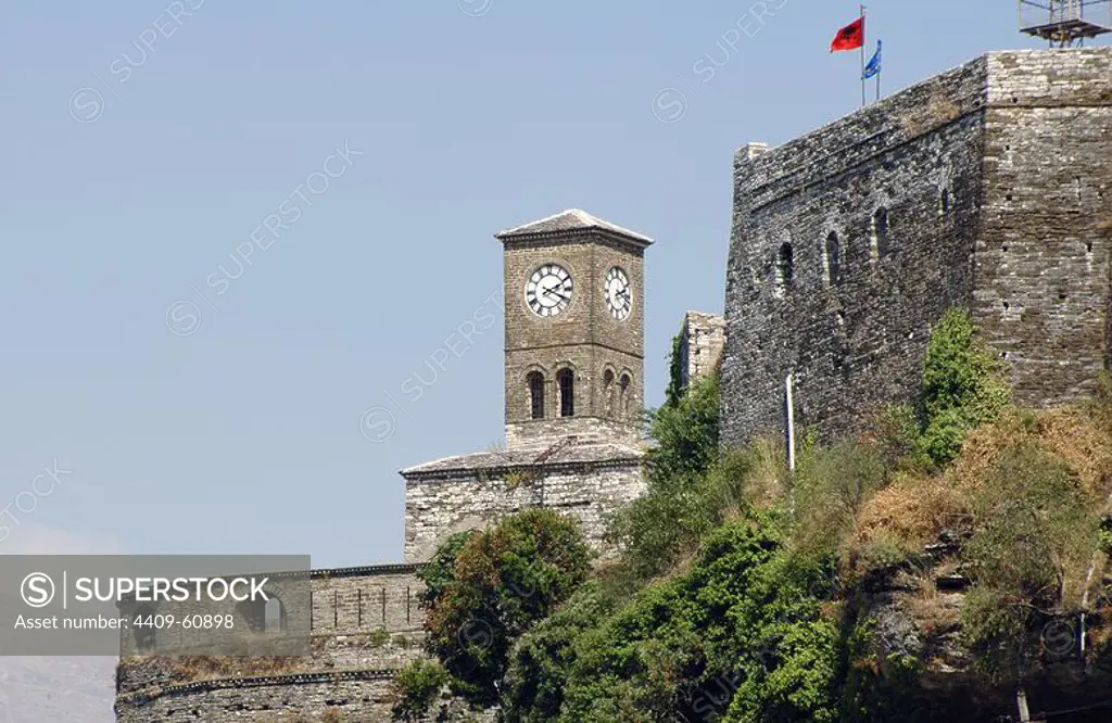 Albania. Gjirokaster. Castle built in 18th century ordered by the tribal leader Gjin Bue Shpata and the clock tower added in 1811 by the Ottoman governor Ali Pasha of Tepelena. The citadel houses weapons of the First and Second World War.