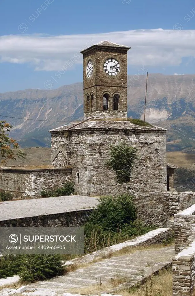 Albania. Gjirokaster castle (18th century) and the clock tower, added from 1811 by the Ottoman governor Ali Pasha of Tepelena. Eastern side.