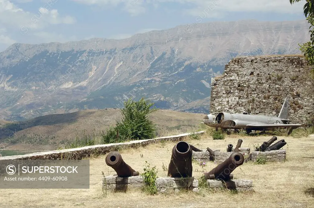Cannons and American Air Force plane that landed in Albania in 1957 during the Cold War. Gjirokaster Castle. Republic of Albania.