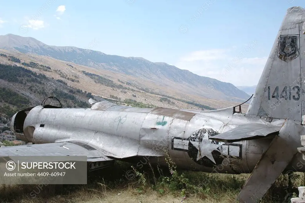 American Air Force plane that landed in Albania in 1957 during the Cold War. Gjirokaster Castle. Republic of Albania.