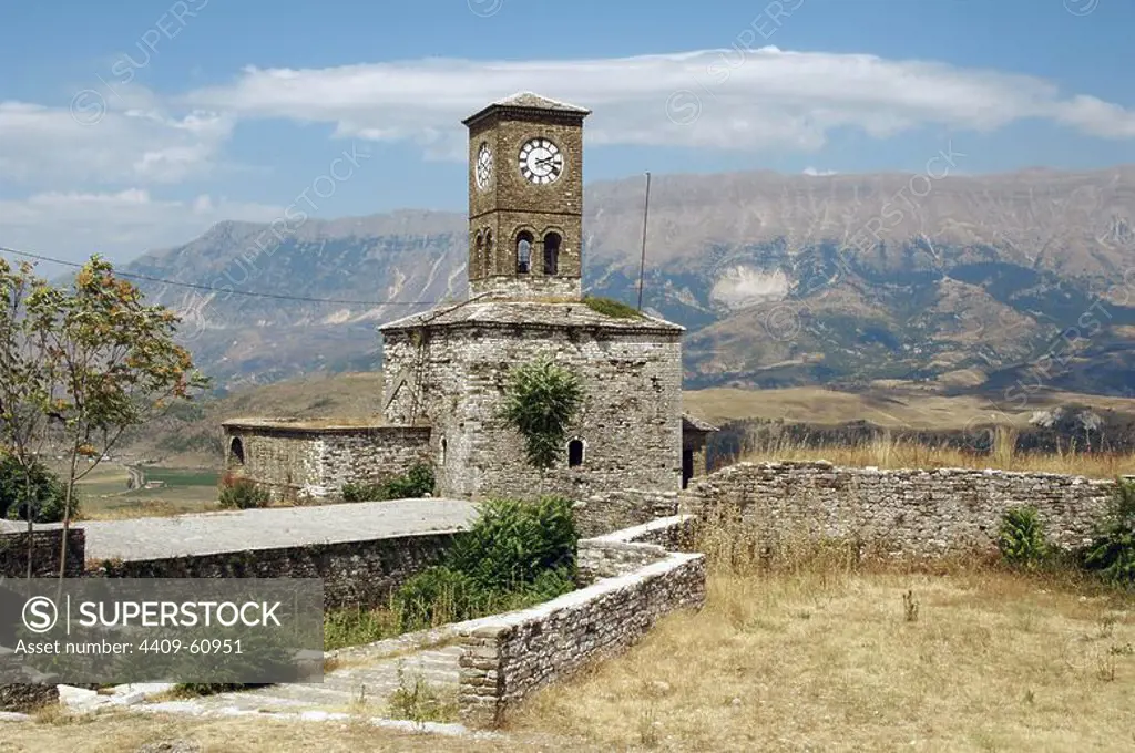Albania. Gjirokaster castle (18th century) and the clock tower, added from 1811 by the Ottoman governor Ali Pasha of Tepelena. Eastern side.