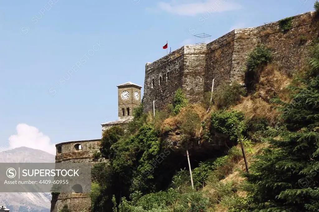 Albania. Gjirokaster. Castle built in 18th century ordered by the tribal leader Gjin Bue Shpata. Secondly, the clock tower added in 1811 by the Ottoman governor Ali Pasha of Tepelena. The citadel houses weapons of the First and Second World War.