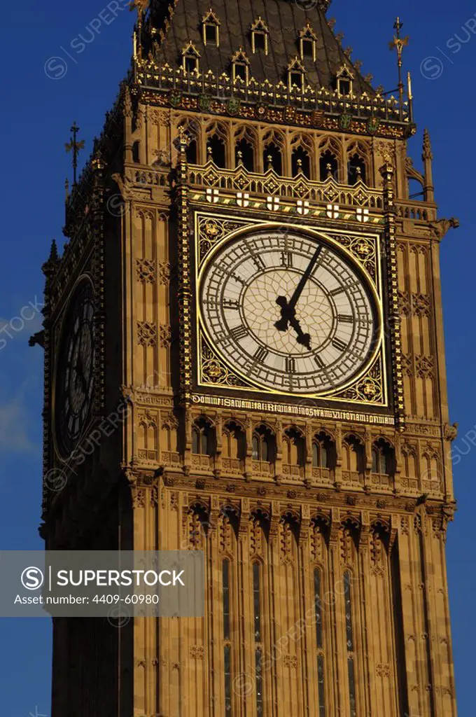 United Kingdom. England. London. The Big Ben, clock tower at the Westminster Palace. 19th century. Detail.