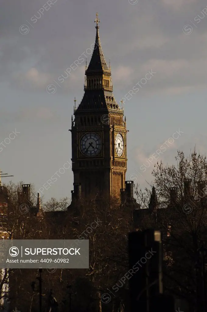 United Kingdom. London. The Big Ben, clock tower at the Westminster Palace. 19th century. Detail.