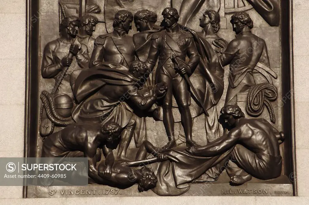 Nelson's Column (1840-1843). The pedestal decorated with the bronze relief panel, cast from captured French guns, depicting the Battle of Cape St. Vincent by Musgrave Watson (1804-1847) and William F. Woodington (1806-1893). Trafalgar Square. London. United Kingdom.