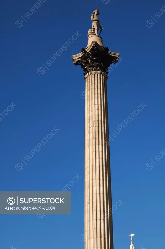Nelson's Column (1840-1843). Designed by William Railton (1800-1877), was built to commemorate Admiral Horatio Nelson (1758-1805). Corinthian order and Dartmor granite. It is crowned by the Craigleith sandstone statue of Nelson, by Edward Hodges Baily (1788-1867). Trafalgar Square. London. United Kingdom.