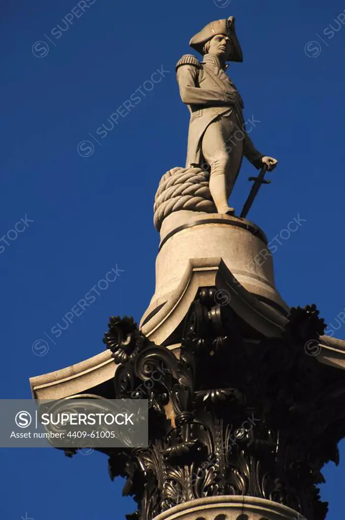 Nelson's Column (1840-1843). Designed by William Railton (1800-1877), was built to commemorate Admiral Horatio Nelson (1758-1805). Corinthian order and Dartmor granite. It is crowned by the Craigleith sandstone statue of Nelson, by Edward Hodges Baily (1788-1867). Trafalgar Square. London. United Kingdom.