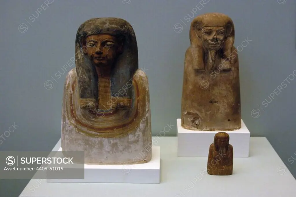 Busts of ancestors. First, polychromed limestone bust, from Thebes. At background, limestone bust of unknown origin. Both dated from 1300-1150 BC. On the right, and the smaller, wooden bust dated 1550-1070 BC, also of unknown origin. 19th and 20th Dynasties. New Kingdom. British Museum. London. United Kingdom.