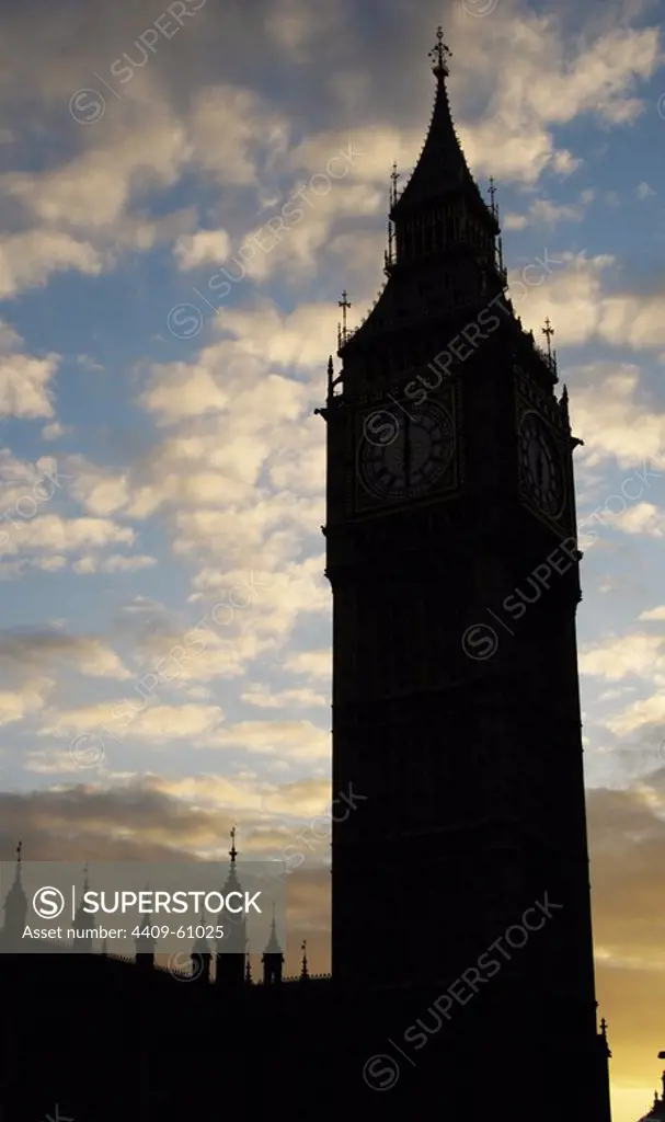 United Kingdom. England. London. The Big Ben, clock tower at the Westminster Palace, against the light. 19th century.