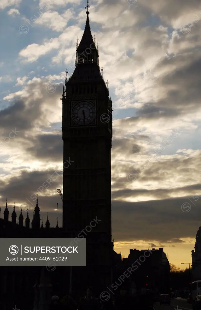 United Kingdom. England. London. The Big Ben, clock tower at the Westminster Palace, against the light. 19th century.
