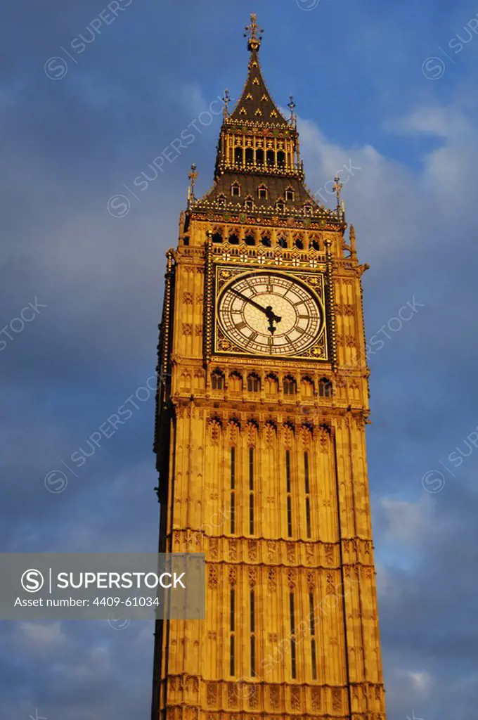 United Kingdom. England. London. The Big Ben, clock tower at the Westminster Palace. 19th century. Detail.