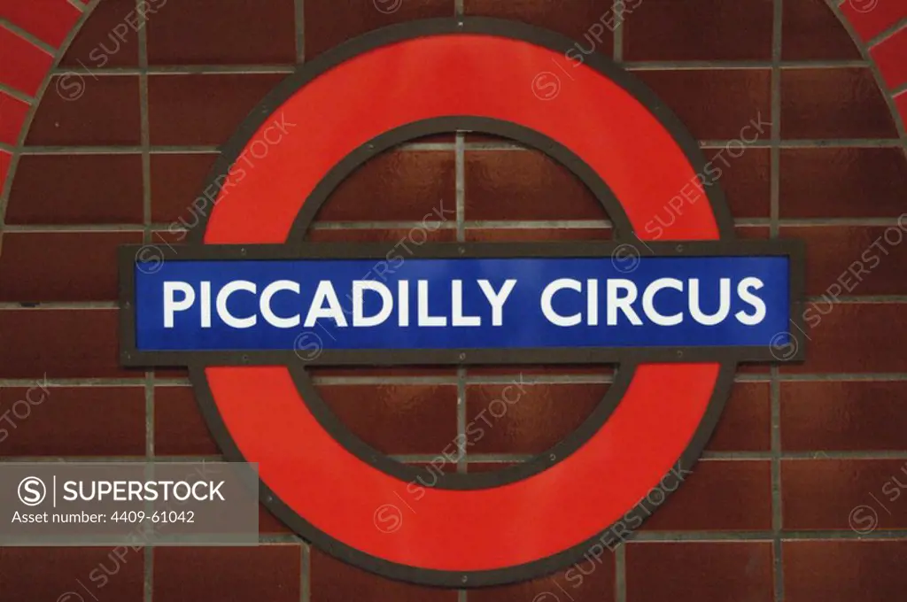 United Kingdom. England. London. Underground. Roundel of Piccadilly Circus.