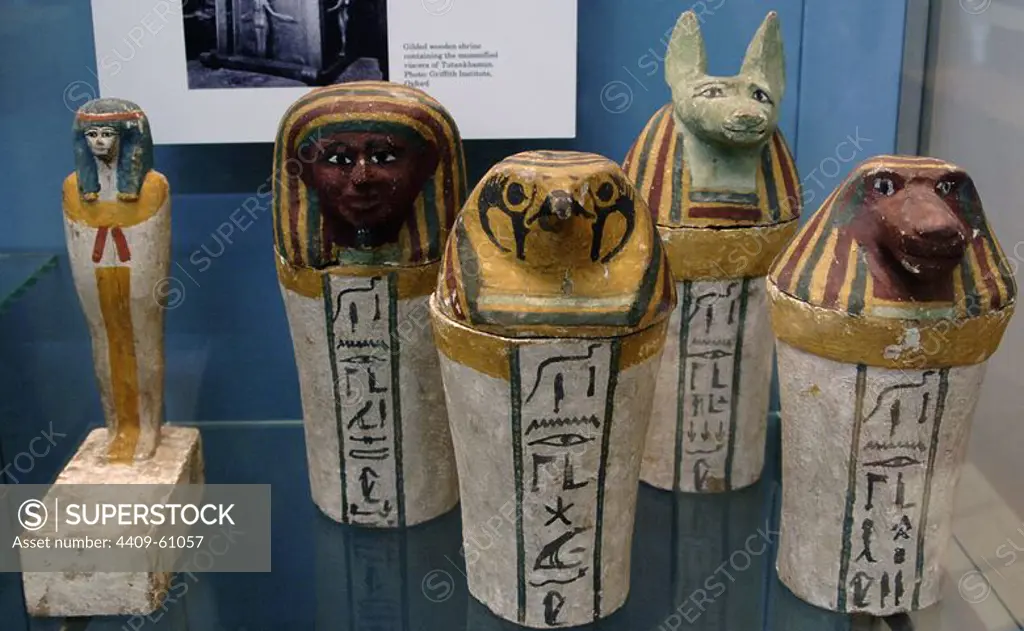 Polychormed canopic jars. Used by the egyptians during the mummification to preserve the viscera. British Museum. London. United Kingdom.