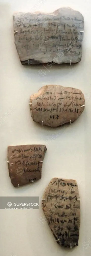 Egyptians ceramic ostraca in demotic script with references to the mummification and burial. Ptolemaic era. Middle Demotic period. 400-30 BC. From Thebes and Asyut. British Museum. London. United Kingdom.