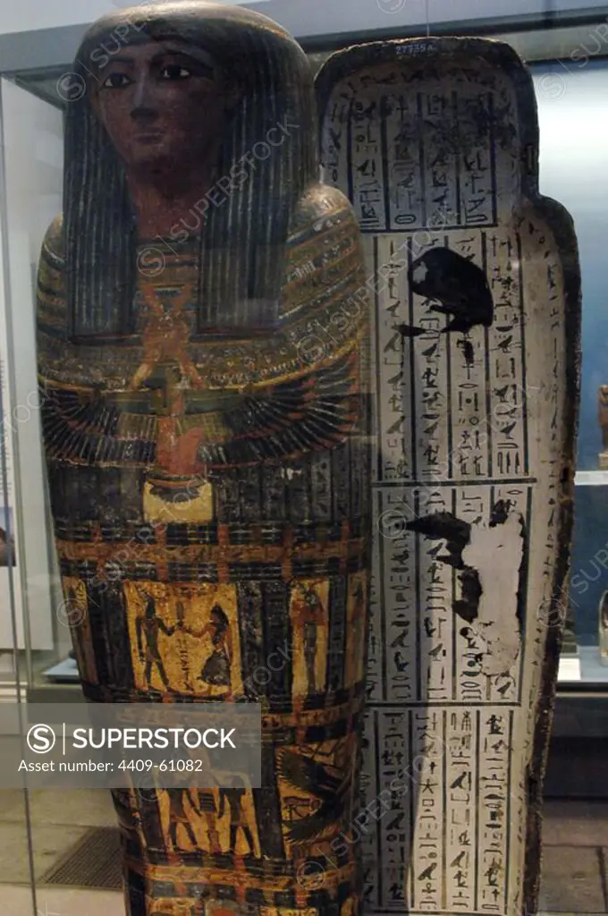 Interior painted wooden coffin of the priest Hor depicting the sky goddess Nut with their protective wings outstretched at the front part. The interior is covered with excerpts from the Book of the Dead. 7th century BC. 25th Dynasty. Late Period. From the tomb of Hor. Probably from Deir el-Bahari, Thebes (Egypt). British Museum. London. United Kingdom.