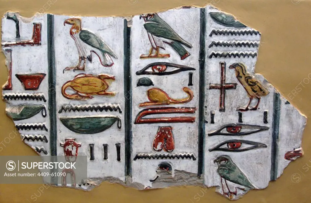 Hieroglyphic writing. Fragment of the wall decoration of the tomb of Seti I (c.1294-1279 BC), 19th Dynasty. New Kingdom. Polychrome inscription with the text "Litany of the Eye of Horus". From the tomb 17 of the Valley of the Kings. British Museum. London. United Kingdom.