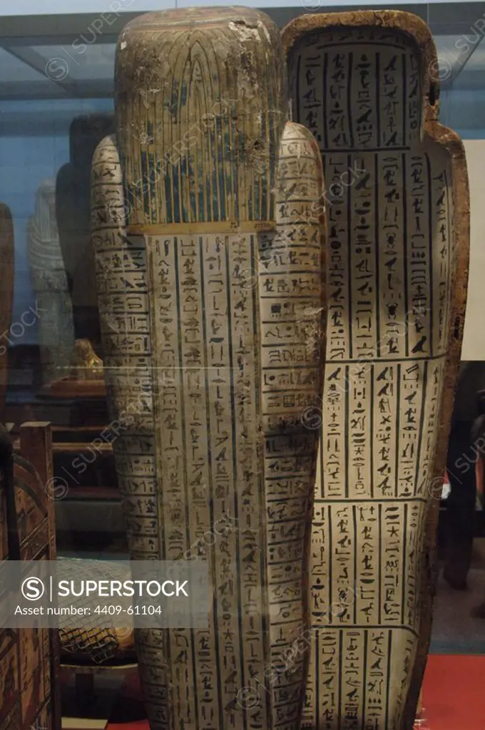 Interior painted wooden coffin of the priest Hor. Rear view and interior covered with excerpts from the Book of the Dead. 7th century BC. 25th Dynasty. Late Period. From the tomb of Hor. Probably from Deir el-Bahari, Thebes (Egypt). British Museum. London. United Kingdom.