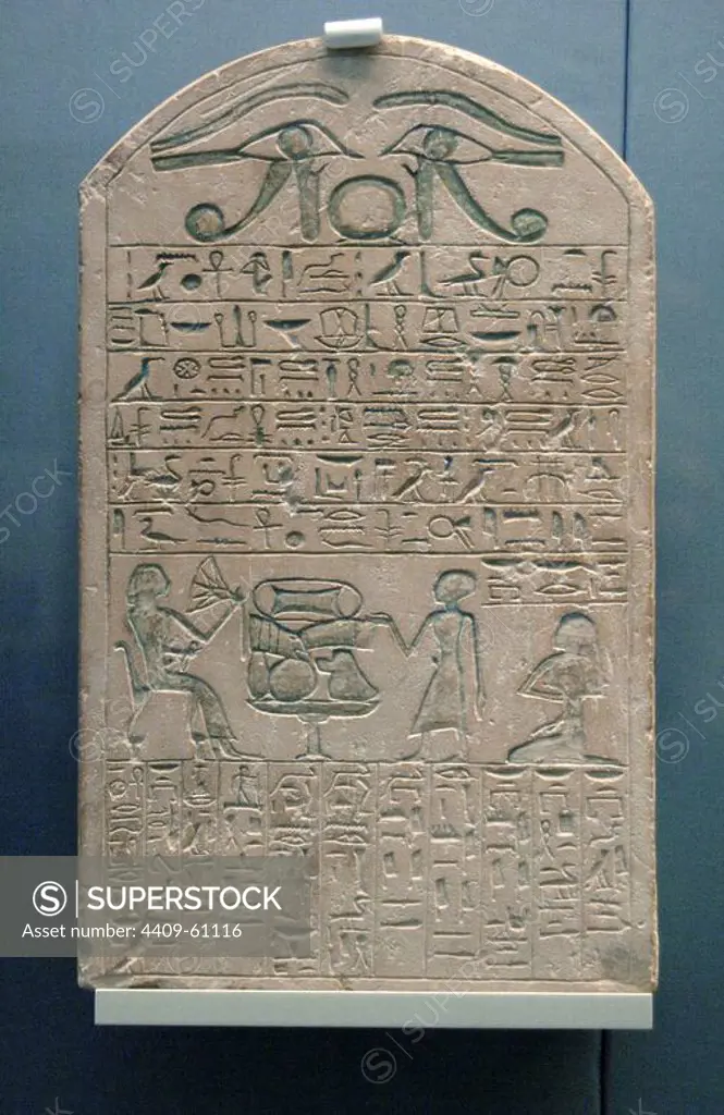 Funerary stela of Sabu. Limestone. Decorated with hieroglyphs and a relief depicting the deceased at the table of offerings. Commissioned by his son Ameny to perpetuate the memory of his father. 1985-1795 BC. 12th Dynasty. Middle Kingdom. Origin unknown. British Museum. London. United Kingdom.