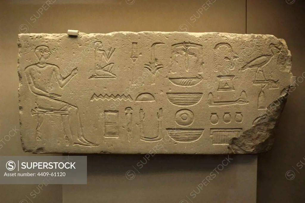 Hieroglyphic writing on a limestone tombstone of the Kaitep's tomb. 2300 BC. 5th - 6th Dynasties. Early Dynastic Period or Old Kingdom. Possibly from Giza. British Museum. London. United Kingdom.