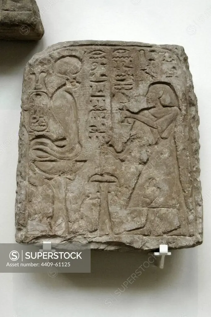 Sandstone stela depicting Setau, viceroy of Ramesses II, making an offering to the snake-goddess Renenutet. 1279-1213 BC. 19th Dynasty. New Kingdom. From Wadi Halfa. British Museum. London. United Kingdom.