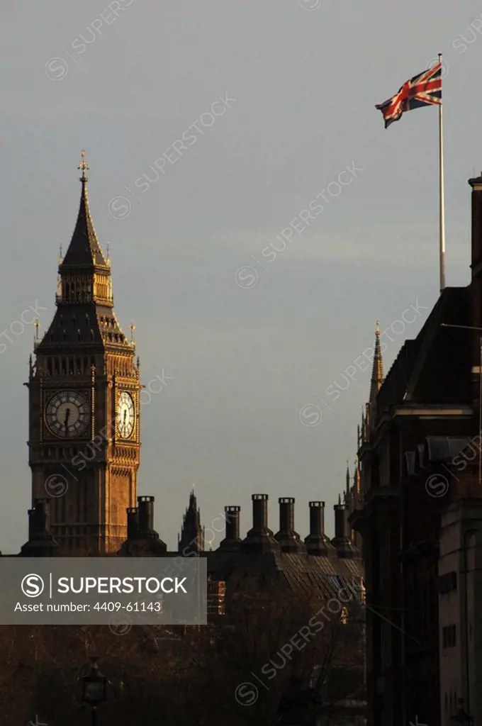 United Kingdom. England. London. The Big Ben, clock tower at the Westminster Palace. 19th century. Detail at sunset.