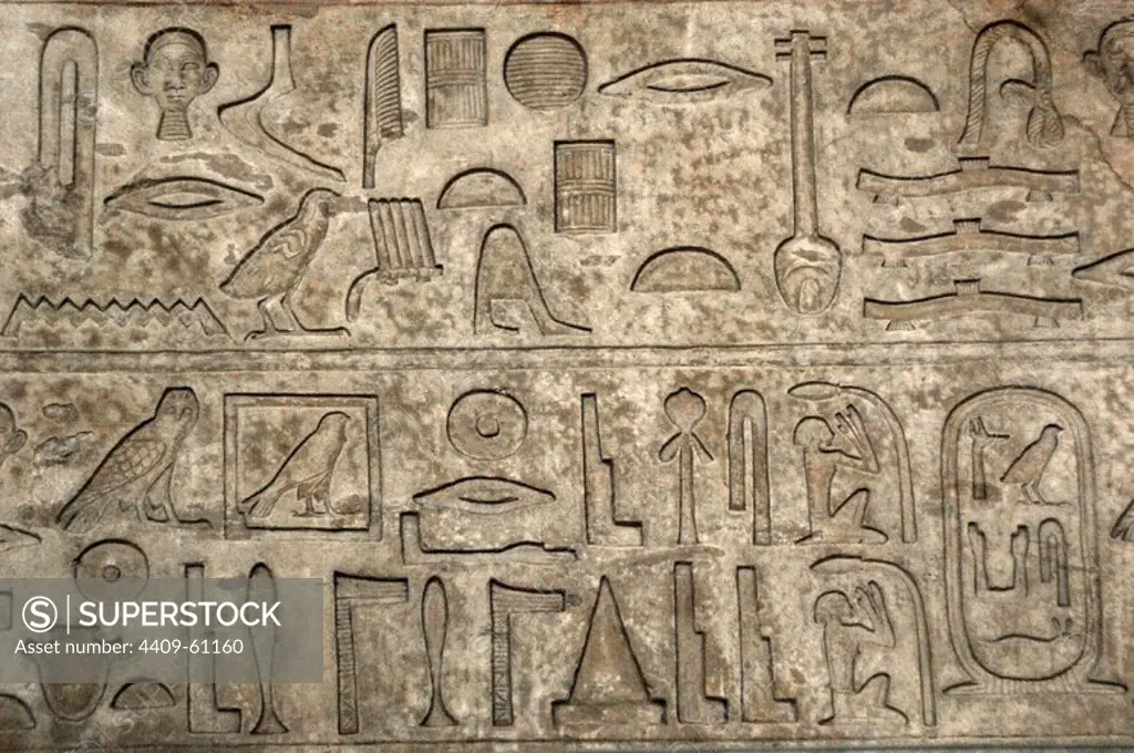 Hieroglyphic writing. Limestone architrave of the tomb of Nykaiankh with text inscribed with a prayer. Detail. The deceased is a priest of the Sun Temple of King Userkaf. 5th Dynasty. Old Kingdom. From the Tomb of Nykaiankh, Giza. British Museum. London. United Kingdom.
