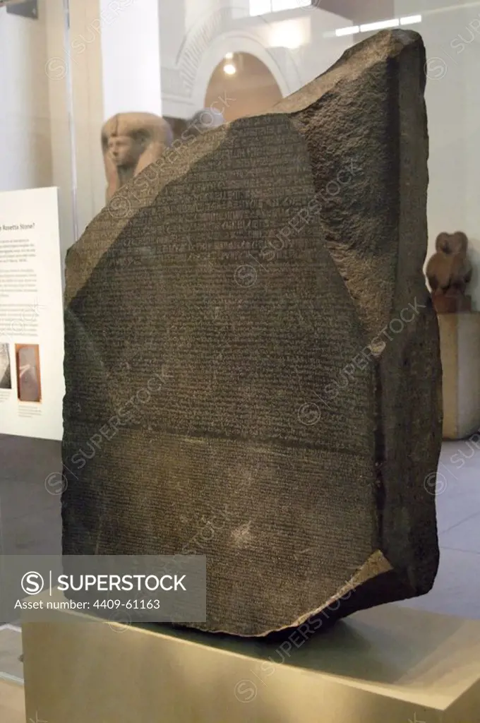 The Rosetta Stone. Fragment of a black granite stele with an inscription in different languages __of a decree of Ptolemy V Epiphanes king. Ptolemaic era. 196 BC. Writing in hieroglyphical, demotic and greek scripture. British Museum. London. United Kingdom.