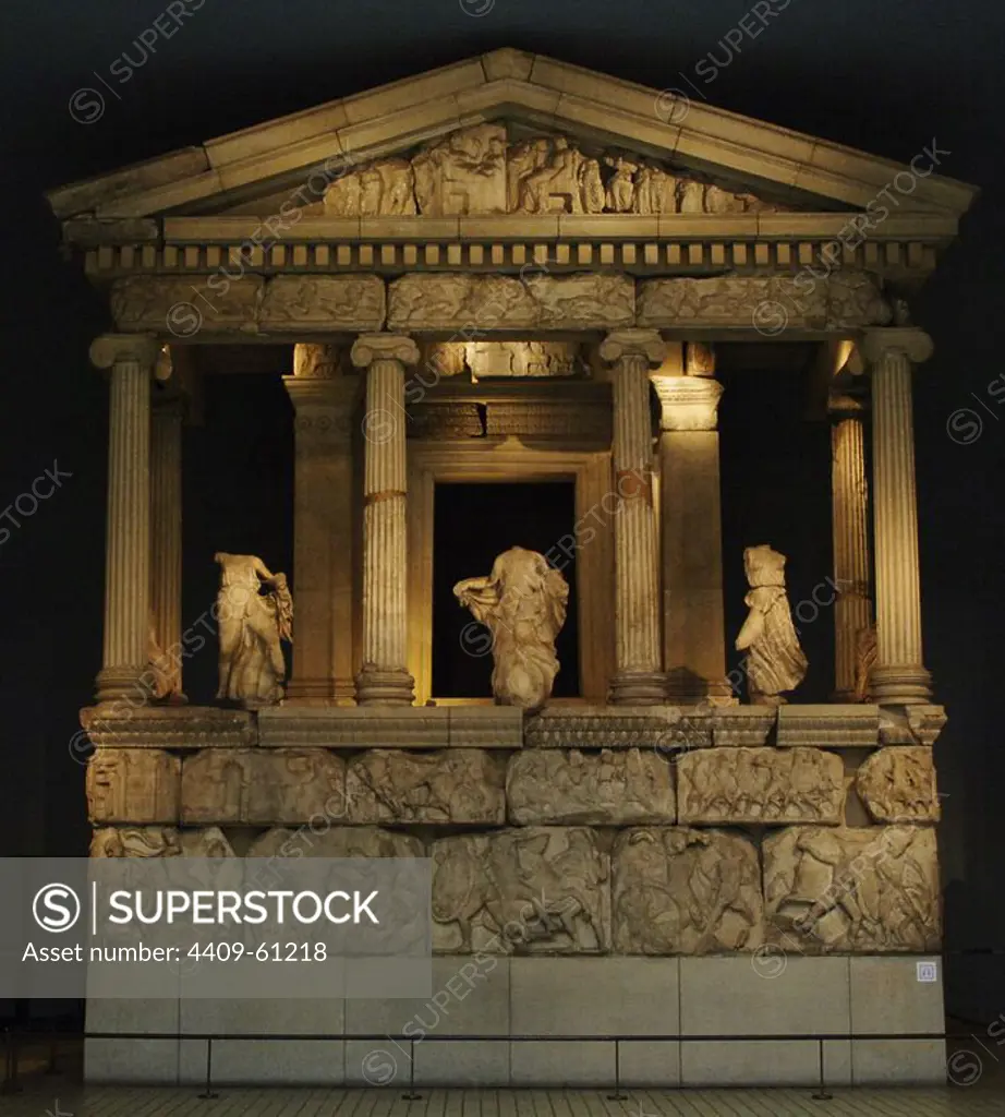 Neried Monument. Sculptured tomb from Xanthos. Classical Period Lycia. Kinik, Antalya province, Turkey. Built 4th century BC. Tomb for Arbinas. Reconstructed facade of the monument. British Museum. London.