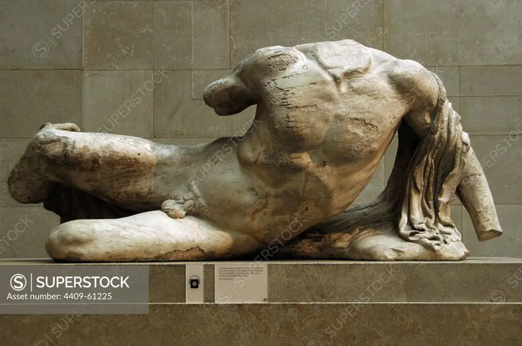 Greece. Athens. Parthenon West Pediment. Naked reclined figure depicting one of the Athens rivers. Perhaps the Ilissos river. About 438-432 BC. High Classical. Attica. British Museum. London. United Kingdom.