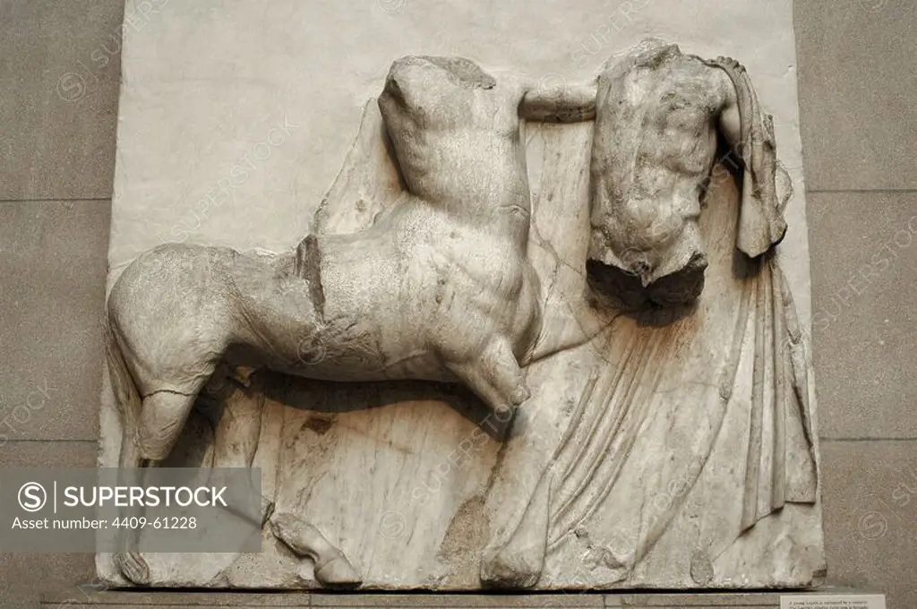 Metope VI from the Parthenon marbles depicting part of the battle between the Centaurs and the Lapiths. 5th century BC. Athens. British Museum. London. United Kingdom.