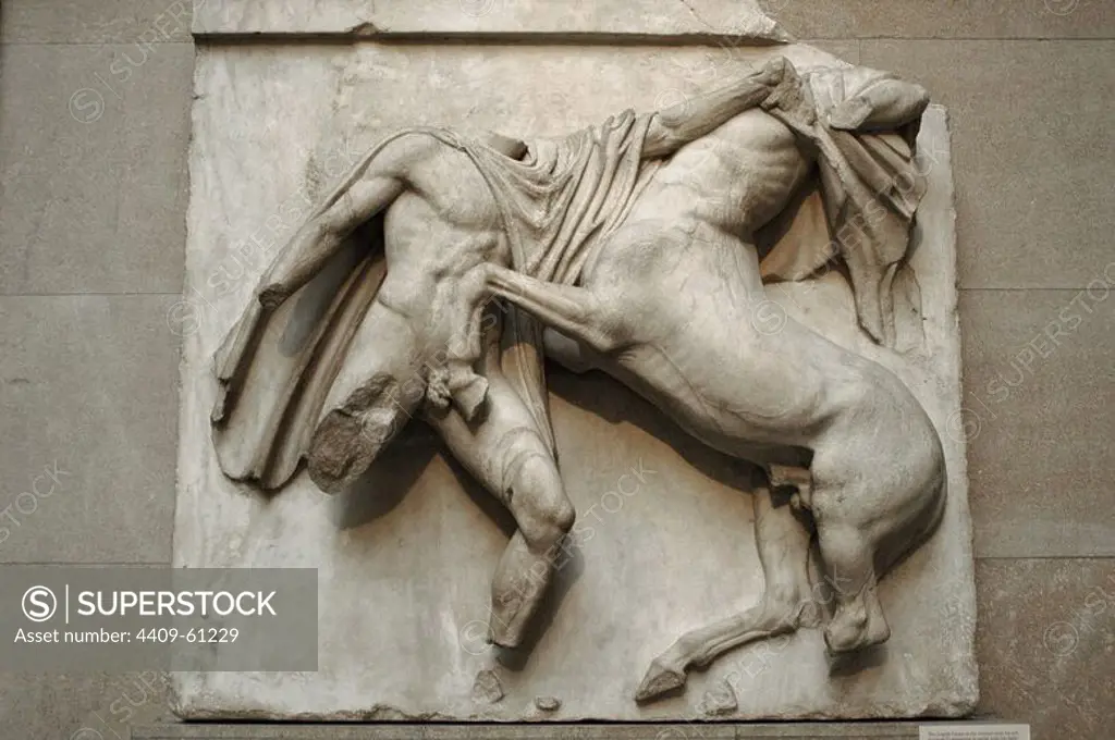 Metope VII from the Parthenon marbles depicting part of the battle between the Centaurs and the Lapiths. 5th century BC. Athens. British Museum. London. United Kingdom.