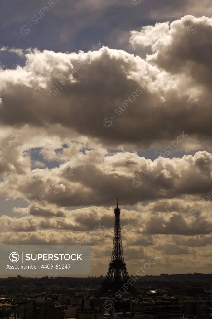 France. Paris. Clouds and the Eiffel Tower.