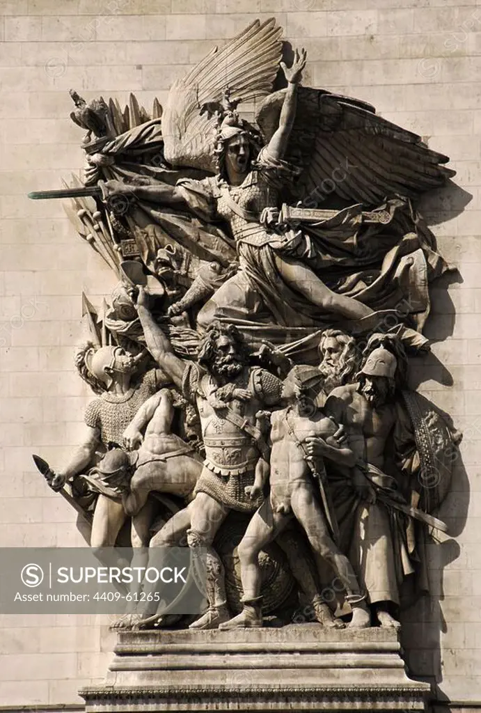 France. Paris. Triumphal Arch. Depart of 1792. La Marseillaise personified on the Arc de Triomphe. by Francois Rude. The sculptural group celebrates the cause of the French First Republic during the 10 August uprising. Above the volunteers is the winged personification of LIberty.