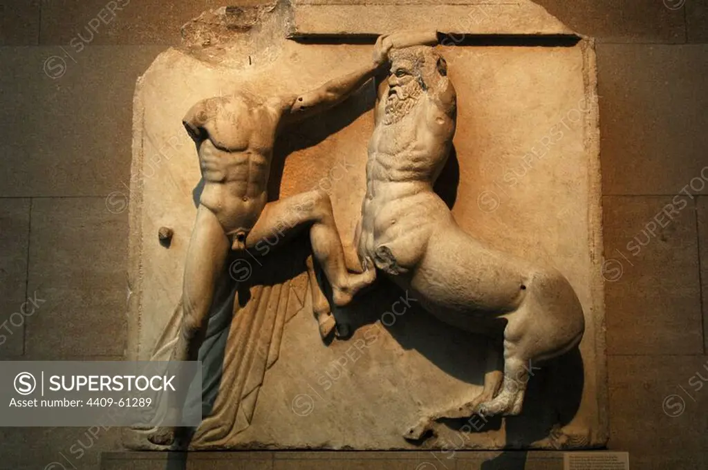 Greek Art. Metope on the south side of the Parthenon. 5th century B.C. A centaur is raised to strike a Lapith that defends himself with his hands and feet. Metope XXVI. It comes from the Acropolis in Athens. British Museum. London. England. UK.