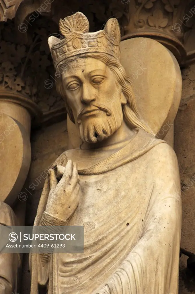 Gothic Art. France. Paris. Sculpture on the facade of the cathedral of Notre Dame (1163-1250) depicting a king.