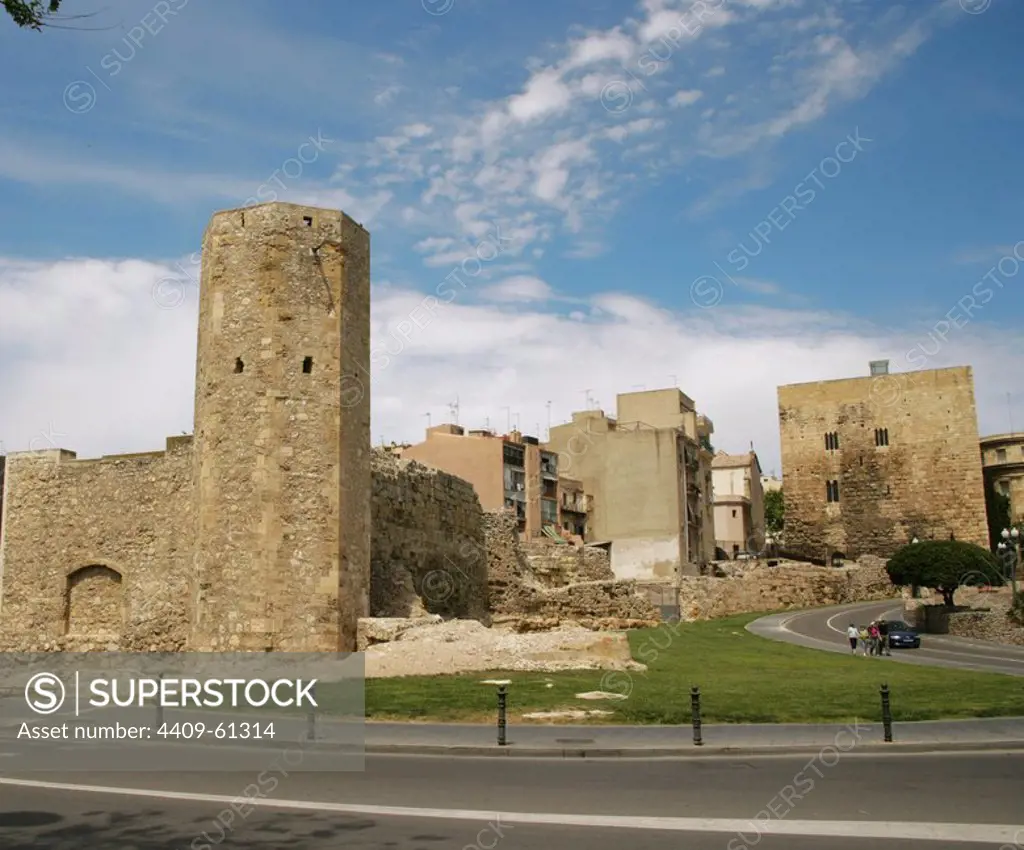 Spain. Catalonia. Tarragona. In front of the facade of the Roman Circus, was built the "muralleta" (small wall) on the 15th century and also the octogonal tower "de les monges" (the nuns). It was built using the Roman wall as an internal base.