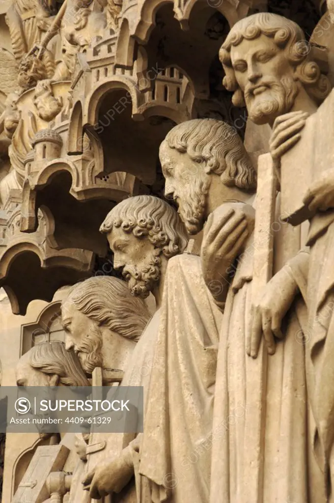 Gothic Art. France. Paris. Notre Dame. Last Judgment Portal (c.1230). Apostles. From left to right: Paul, James the Great, Thomas, Philip and Jude.