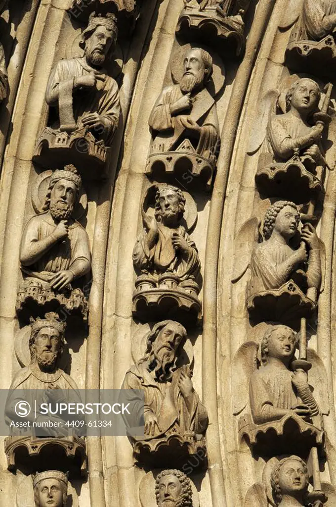 Gothic Art. France. Paris. Notre Dame. Portal of the Virgin (c. 1220). Left archivolt carved with the Heavenly Court (angels, patriarchs, kings, and prophets).