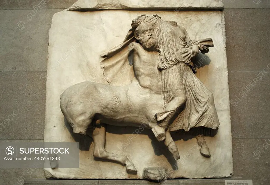 Greek Art. Metope on the south side of the Parthenon. 5th century B.C. A Centaur holding a fighter defeated. Metope XXIX. It comes from the Acropolis in Athens. British Museum. London. England. UK.