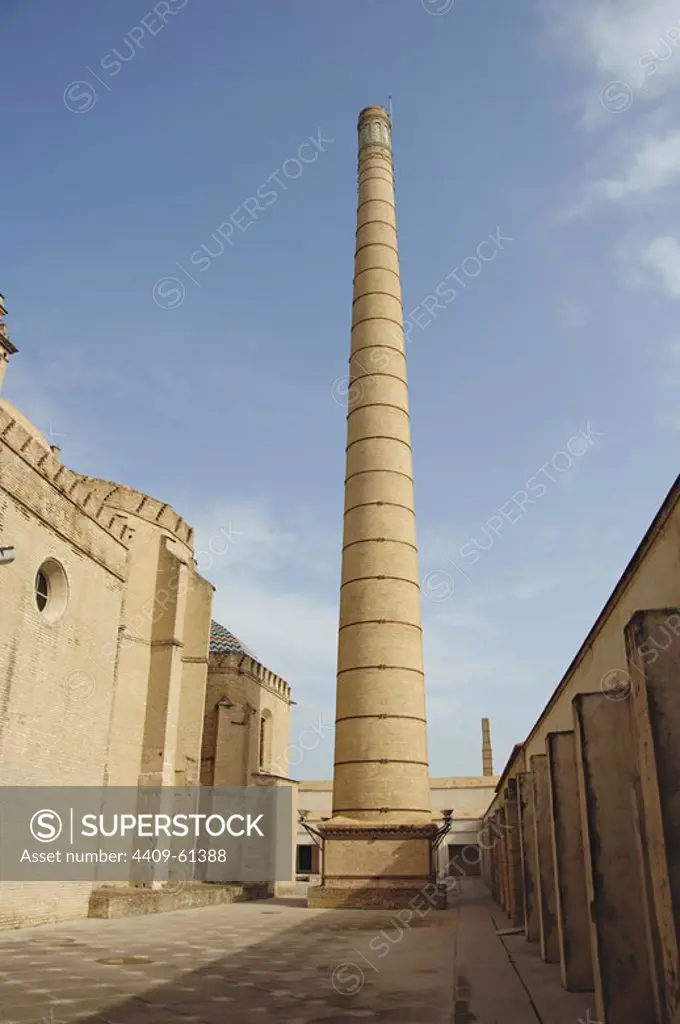 Spain. Andalusia. Sevilla. Isla de la Cartuja. Chimneys of the ceramic tile factory installed in the Monastry of Our Lady of the Caves (Monastery of The Cartuja). Acquired by Charles Pickman in 1839, it became a factory of ceramic and porcelain in 1849.
