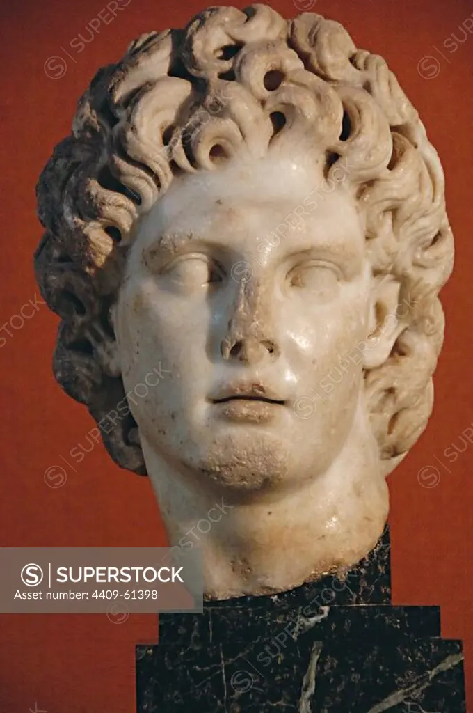 Alexander III the Great (356-323 B.C.). King of Macedonia (336 to 323 B.C.). Son of Philip II and Princess epirota Olympia. Bust. Idealized portrait of Alexander as Helios. Parian marble sculpted and trephine. It comes from Italica. Archeological Museum of Seville. Andalusia. Spain.