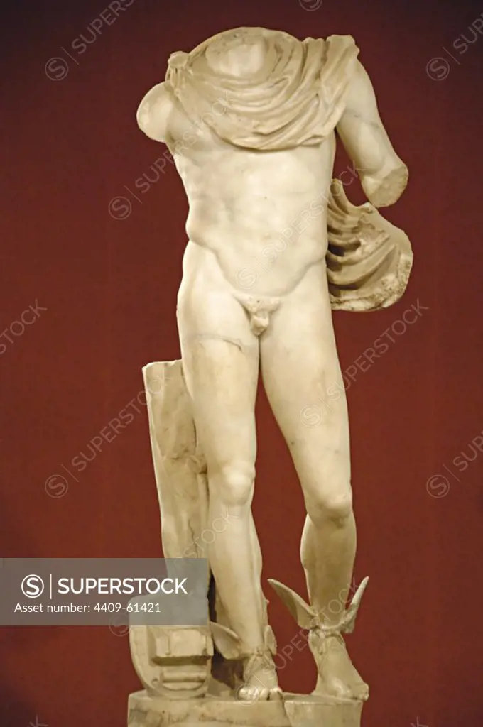 Roman Art. Spain. Mercury. Statue. 2nd century A.C. Parian marble sculpted. It comes from Italica. Archeological Museum of Seville. Andalusia. Spain.