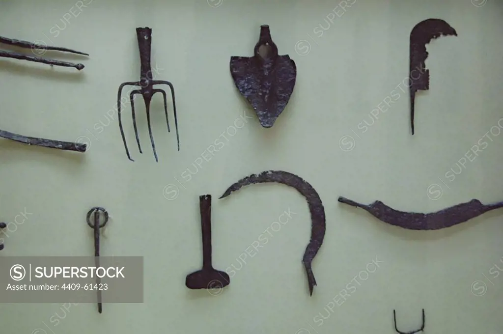 Roman Art. Spain. Agricultural tools. Archeological Museum. Seville. Andalusia.