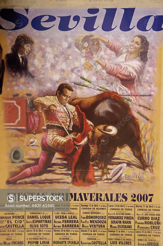 Bullfighting poster. The bullfights take place in the city for the Spring Feasts 2007. By Pedro Escacena (b. 1931). Sevilla. Andalusia. Spain.