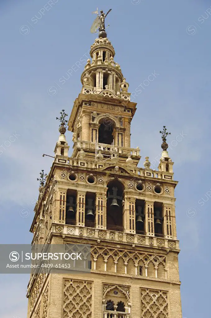 Spain. Andalusia. Seville. View of the Giralda tower, (1184-1198). 12th century. Minaret of the old mosque of the city and current bell tower of the cathedral. The tower's first two-thirds is a former minaret from the Berber Almohad period of Seville, the upper third Spanish Renaissance architecture.